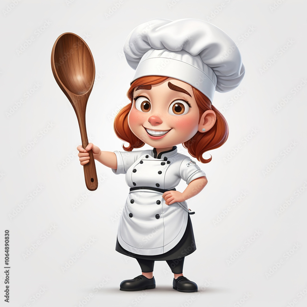 Cartoon chef girl holds spoon, cheerful expression. Cartoon chef girl holds spoon, cheerful expression.