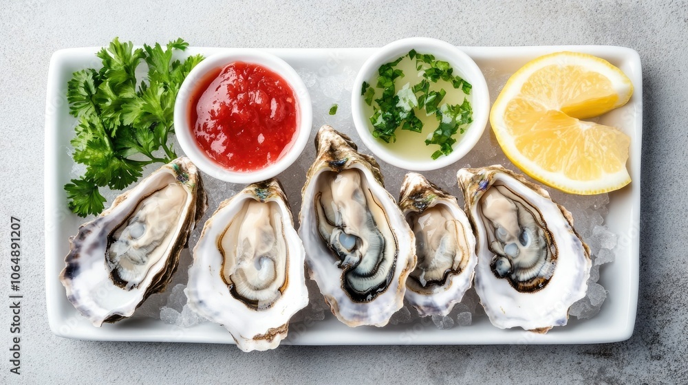 Professionally captured image of fresh succulent oysters served on the half shell accompanied by vibrant lemon wedges and a rich Professionally captured image of fresh succulent oysters served on the half shell accompanied by vibrant lemon wedges and a rich