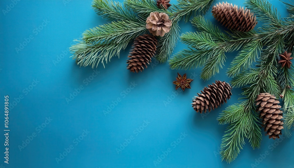 Naklejka premium Minimalist Christmas Background with Pine Branches and Pine Cones on Blue Textured Surface, Ideal for Holiday Cards, Seasonal Banners, and Winter Themed Social Media Graphics