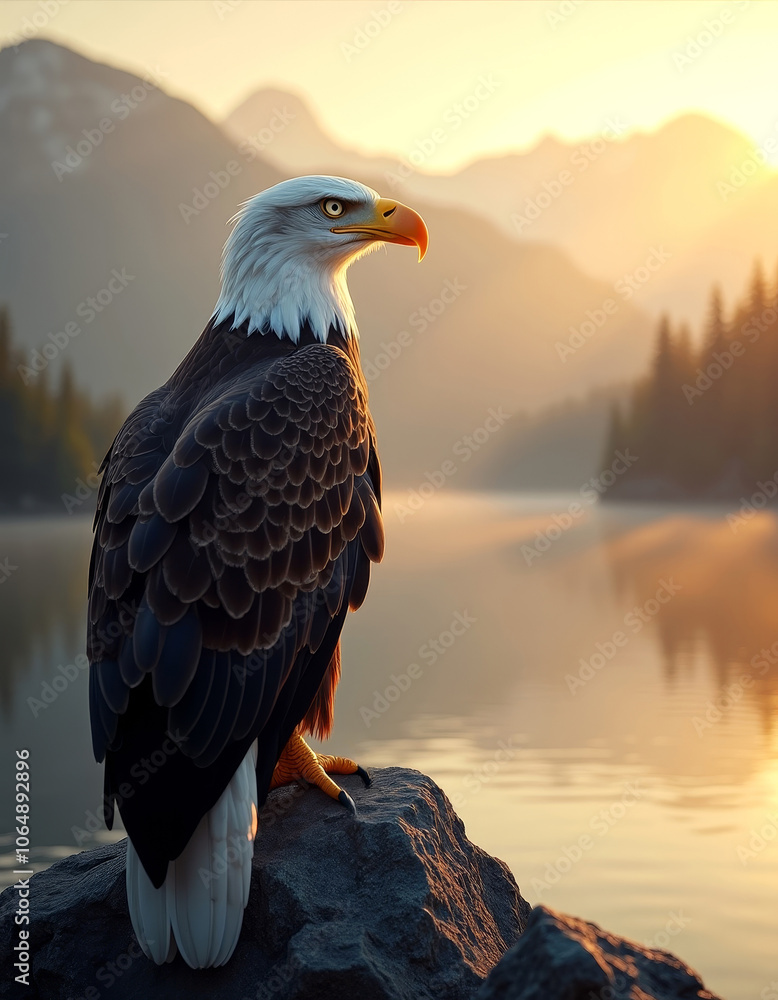 Fototapeta premium Majestic bald eagle at sunset by mountain lake - national bird day inspiration