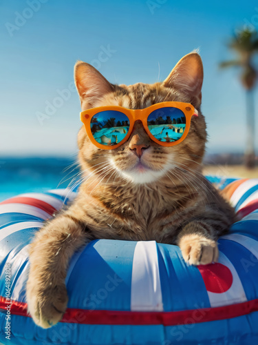 Cute cat wearing sunglasses while relaxing on an inflatable ring against a bright blue background photo