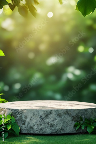 Wood and Stone Product Display Stand with Green Background and Leaf Accents photo