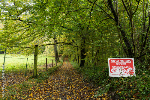Fototapeta Panneau Jour de Chasse, Tir à balles, déposé à l'entrée d'un chemin de forêt