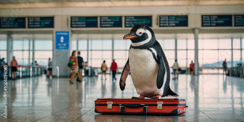 Penguin in sunglasses and a Hawaiian shirt at the airport pulling a suitcase whimsical travel scene photo