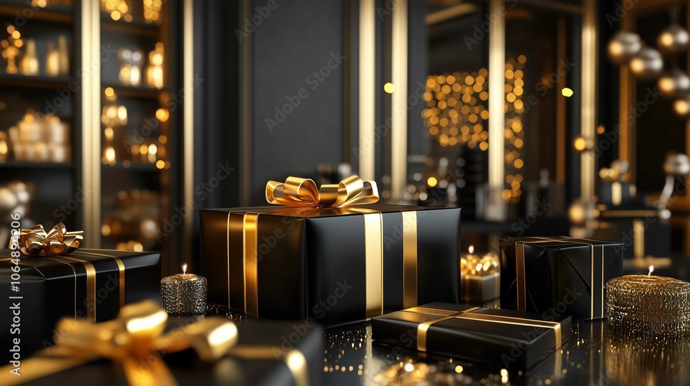 A close-up of a black gift box with a golden bow, surrounded by other wrapped presents and warm string lights.
A close-up of a black gift box with a golden bow, surrounded by other wrapped presents and warm string lights.