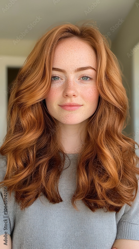 A woman with red hair and a grey sweater A woman with red hair and a grey sweater