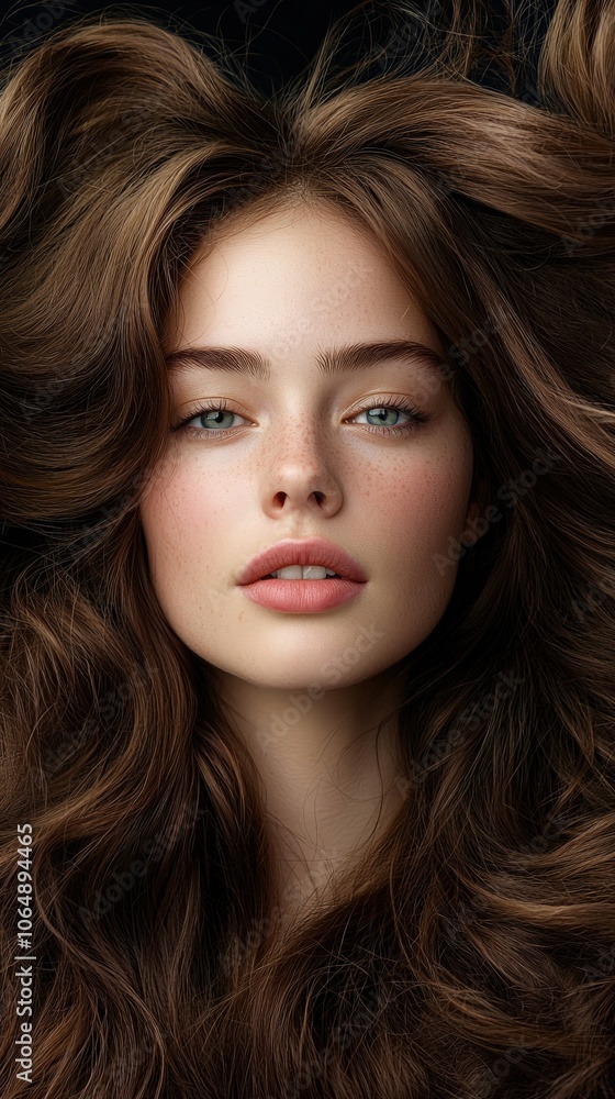 A woman with long brown hair and a blue eye A woman with long brown hair and a blue eye