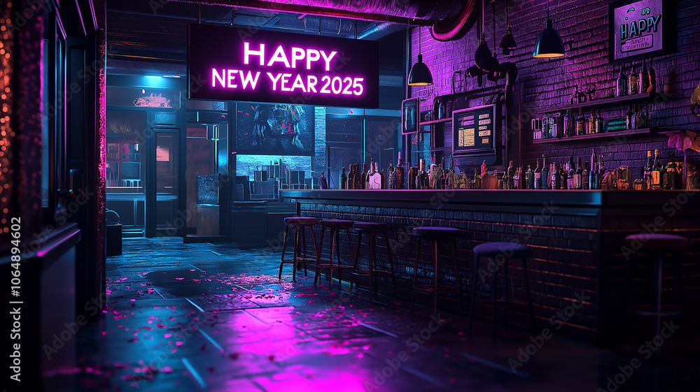 vibrant bar interior with neon lights and Happy New Year 2025 sign creates festive atmosphere. scene includes well stocked bar, stools, and cozy ambiance vibrant bar interior with neon lights and Happy New Year 2025 sign creates festive atmosphere. scene includes well stocked bar, stools, and cozy ambiance