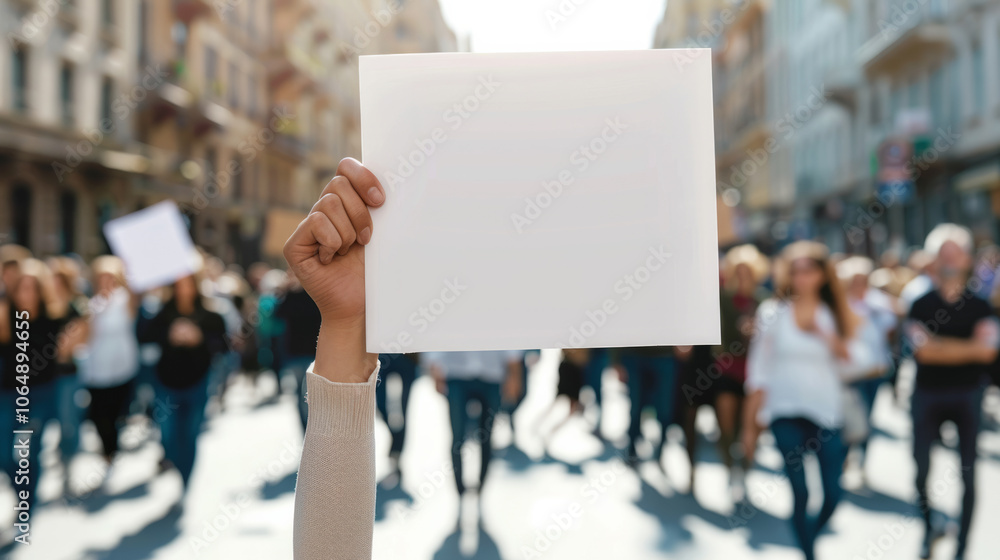 Hand holds a blank sign during grassroots campaign march in a city street filled with engaged supporters advocating change Hand holds a blank sign during grassroots campaign march in a city street filled with engaged supporters advocating change