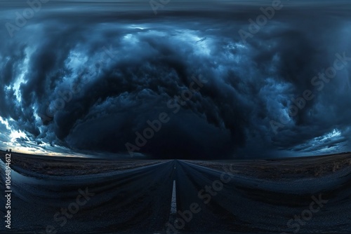 spherical 360 hdri panorama on side of asphalt road with rain storm clouds in dark sky in equirectangular seamless projection, as skydome replacement in drone panoramas, game development