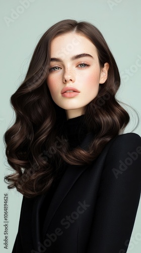 A woman with long dark hair is wearing a black jacket and a black hat