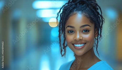 nurse doctor at hospital standing at the corridor, black woman. Medical, healthcare professional or worker smile, happy and excited at work, Portrait, nurse, doctor, hospital, 