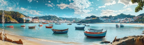 A beautiful day at the fishing port of Sanxenxo with colorful boats enjoying the calm waters and sandy beaches under a bright sky photo