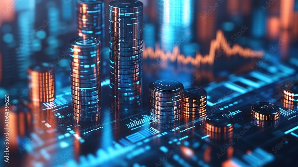 A vibrant digital skyline representing financial growth, featuring cylinders and waveforms, perfect for finance and tech illustrations. A vibrant digital skyline representing financial growth, featuring cylinders and waveforms, perfect for finance and tech illustrations.
