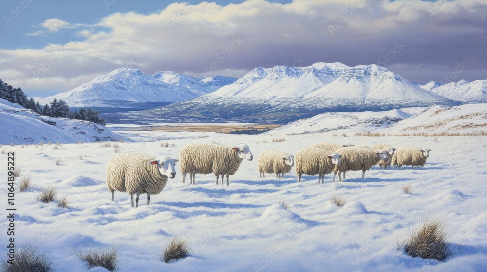 Fototapeta premium A flock of sheep grazing in a snowy field, their wool coats