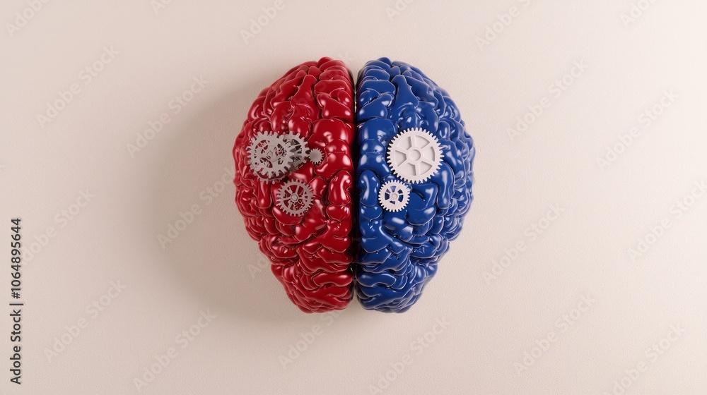 Mind's Collision: Abstract Brain with Blue and Red Hemispheres, Gears and Cogs Symbolizing Clash of Ideas and Beliefs Mind's Collision: Abstract Brain with Blue and Red Hemispheres, Gears and Cogs Symbolizing Clash of Ideas and Beliefs