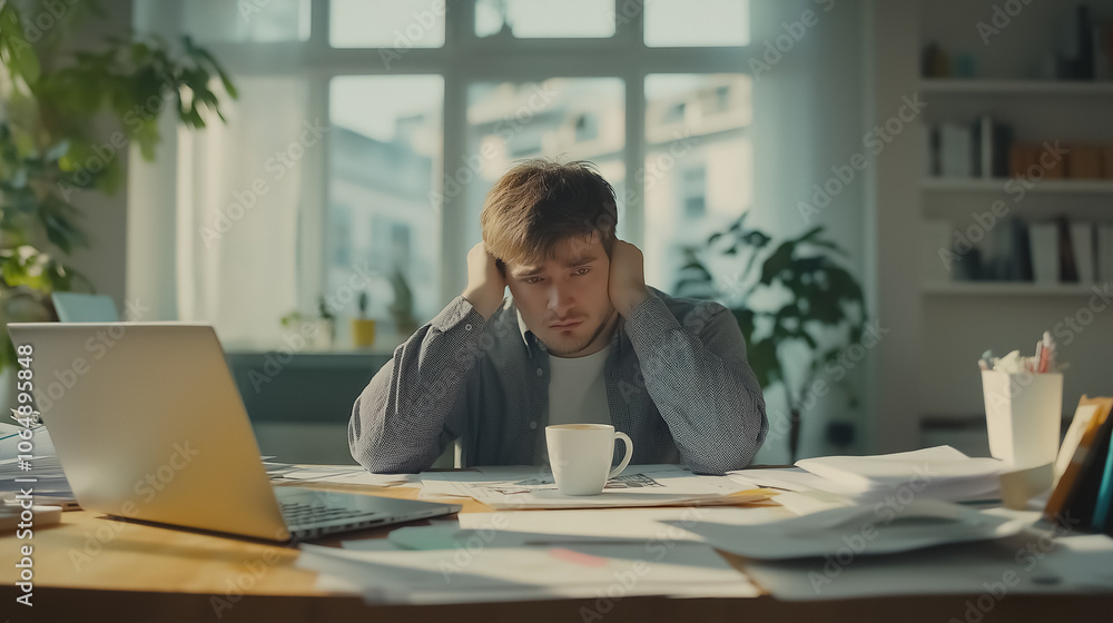 A sick young man working at his desk in an office A sick young man working at his desk in an office