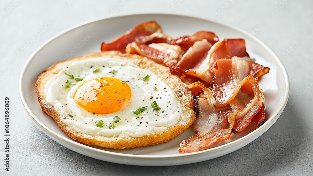 delicious breakfast plate featuring sunny side up egg and crispy bacon, garnished with herbs, on white plate. vibrant colors and textures create appetizing presentation delicious breakfast plate featuring sunny side up egg and crispy bacon, garnished with herbs, on white plate. vibrant colors and textures create appetizing presentation