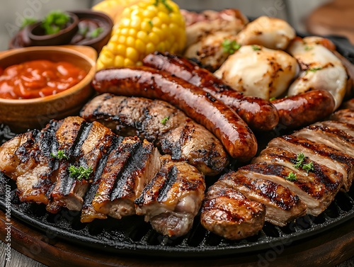 A sizzling barbecue platter with grilled chicken, beef, and sausages, served with a variety of sauces, mixed grilled platter, barbecue feast