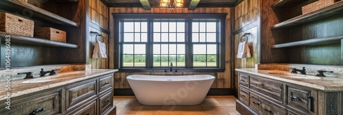 Wallpaper Mural A spacious, modern bathroom featuring a freestanding tub and large windows with scenic views. Torontodigital.ca