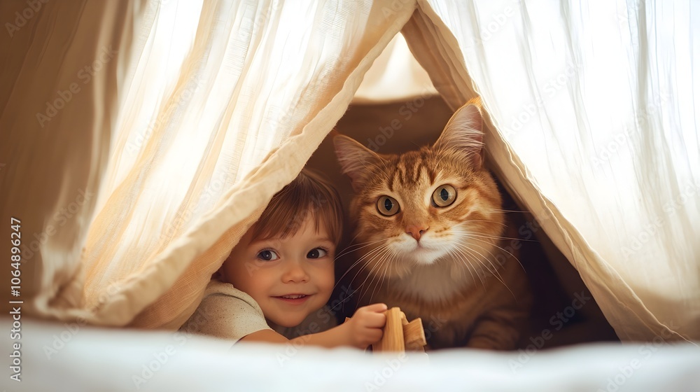 Playful Cat and Child Building a Cozy Fort Together in Bright,Engaging Scene Playful Cat and Child Building a Cozy Fort Together in Bright,Engaging Scene