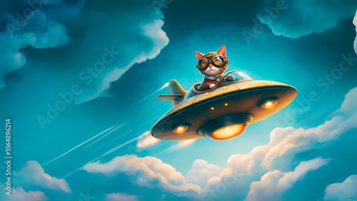 Steampunk flying object with a cat as a pilot up on the sky