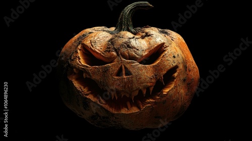 A menacing Halloween pumpkin with a carved, frightening face leers out from a pitch-black backdrop. photo