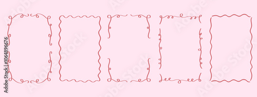 Set of drawing pink wavy elegant outline frame. Abstract curve whimsical border. Vertical border frame card