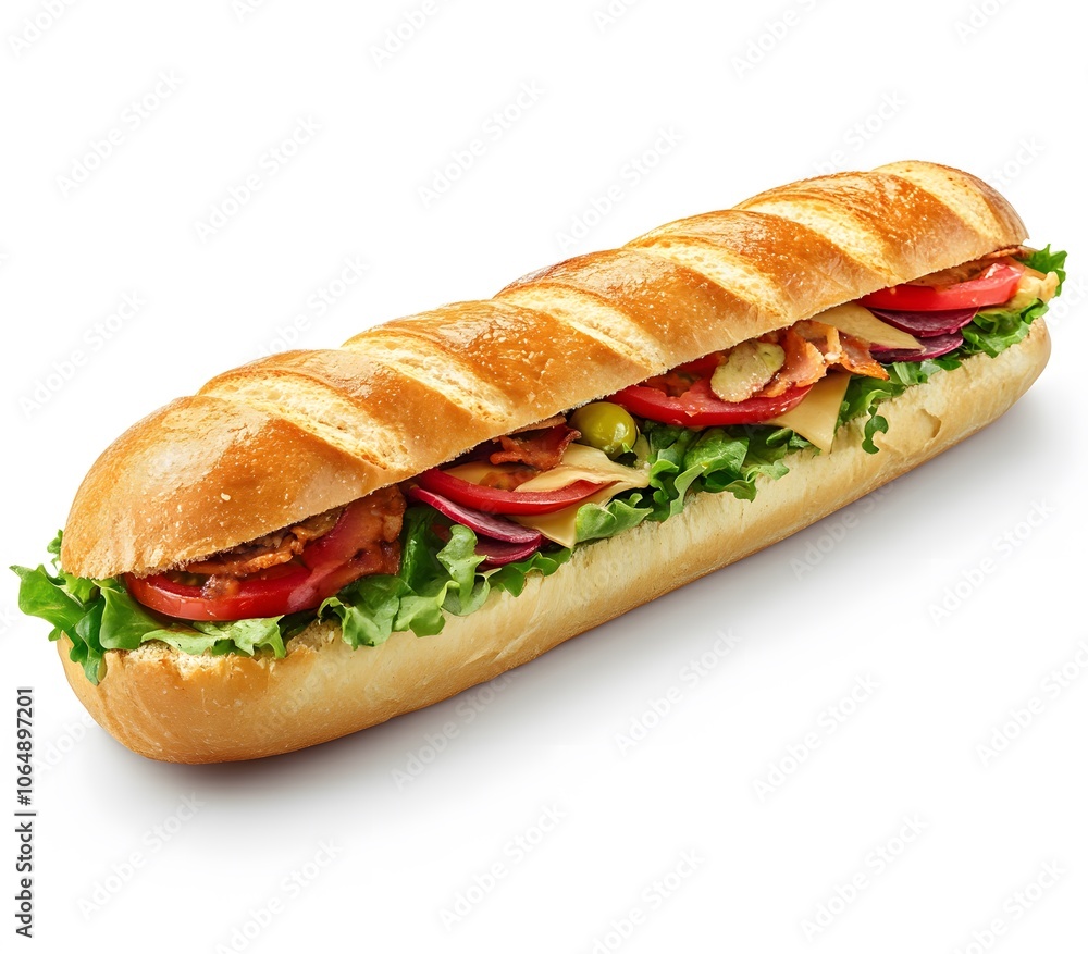 A Long Sub Sandwich with Bacon, Tomato, and Cheese A Long Sub Sandwich with Bacon, Tomato, and Cheese
