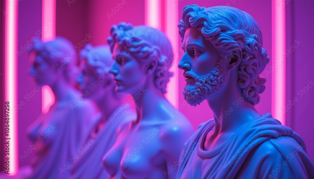Fototapeta premium Vaporwave busts with neon lighting and artistic sculpture details in a colorful setting