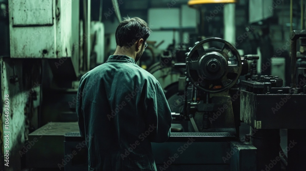 Factory worker monitoring heavy machinery, precision work with strong lighting contrasts in industrial setting. Industrial labor and machinery Factory worker monitoring heavy machinery, precision work with strong lighting contrasts in industrial setting. Industrial labor and machinery