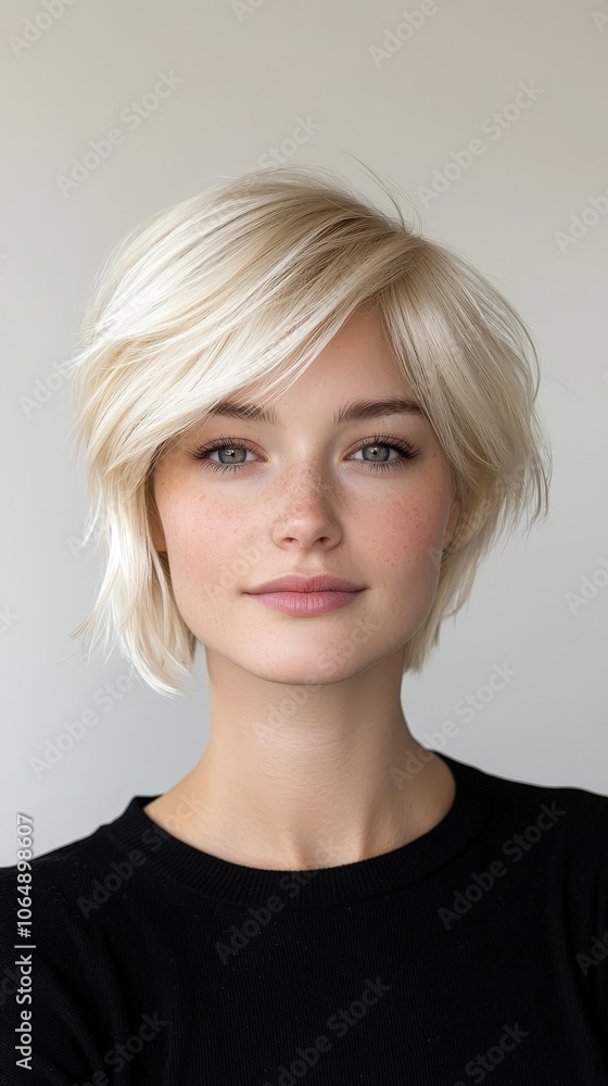 A blonde woman with a short haircut is smiling for the camera A blonde woman with a short haircut is smiling for the camera