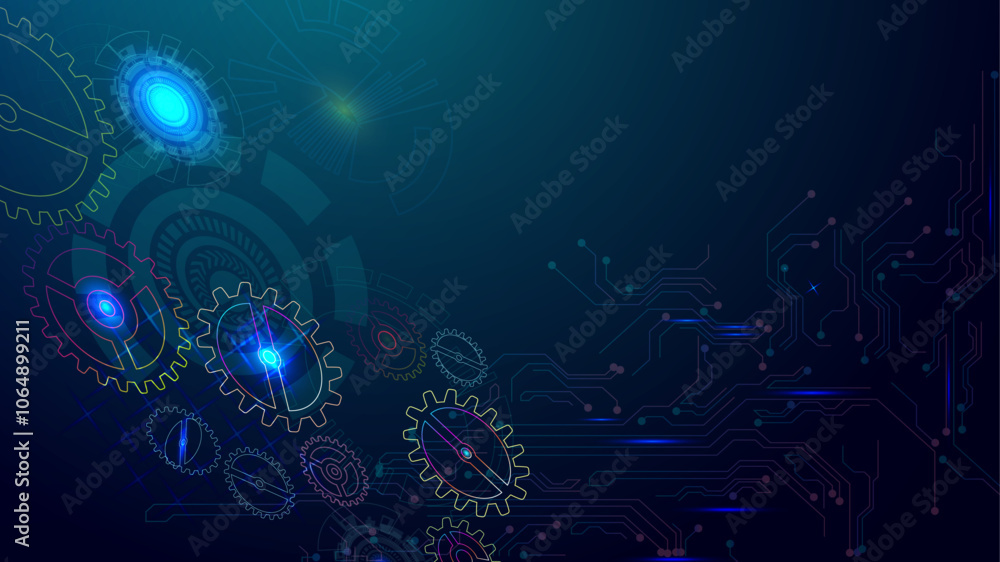 Obraz premium Gear wheel technology pattern on blue gradient background. Hand drawn vector Abstract technology background. Cogwheels theme.Secure digital background. Virtual confidential, programming protection