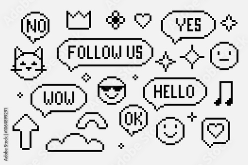 Set of pixelated outline sticker ikon. Pixel 8 bit elements. Black speech bubbles with text. Emoticon with face and cat, stars shape on white background