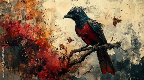 Abstract Crow Painting - Dark Bird on Branch with Autumn Leaves