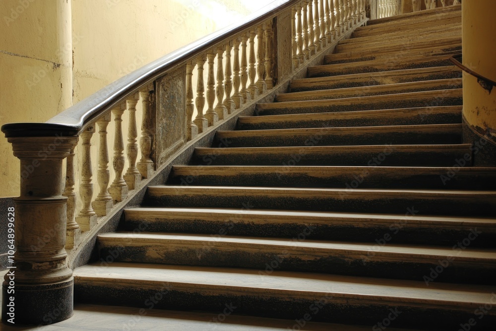Obraz premium A close-up view of a staircase with a decorative railing in an indoor setting.