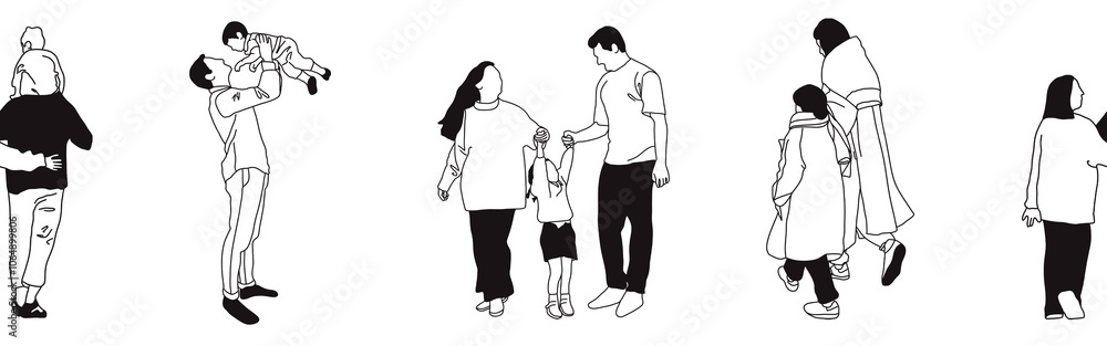 Hand-drawn doodle family border. Outline family clipart. Hand-drawn black art. Hand-drawn doodle family border. Outline family clipart. Hand-drawn black art.