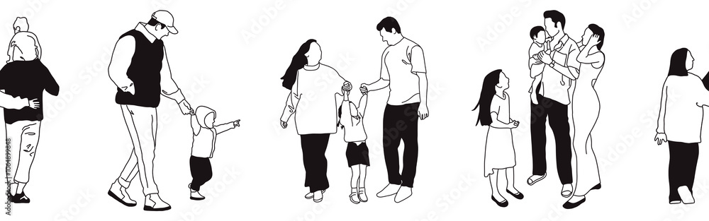 Hand-drawn doodle family border. Outline family clipart. Hand-drawn black art. Hand-drawn doodle family border. Outline family clipart. Hand-drawn black art.