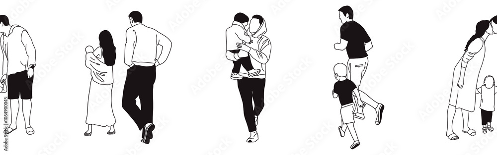 Hand-drawn doodle family border. Outline family clipart. Hand-drawn black art. Hand-drawn doodle family border. Outline family clipart. Hand-drawn black art.