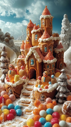 Edible Castle with Gummy Bears and Sugar Snowmen | Festive Cookies photo