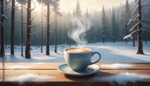 Coffee cup with steam on wooden table in winter forest setting with snow