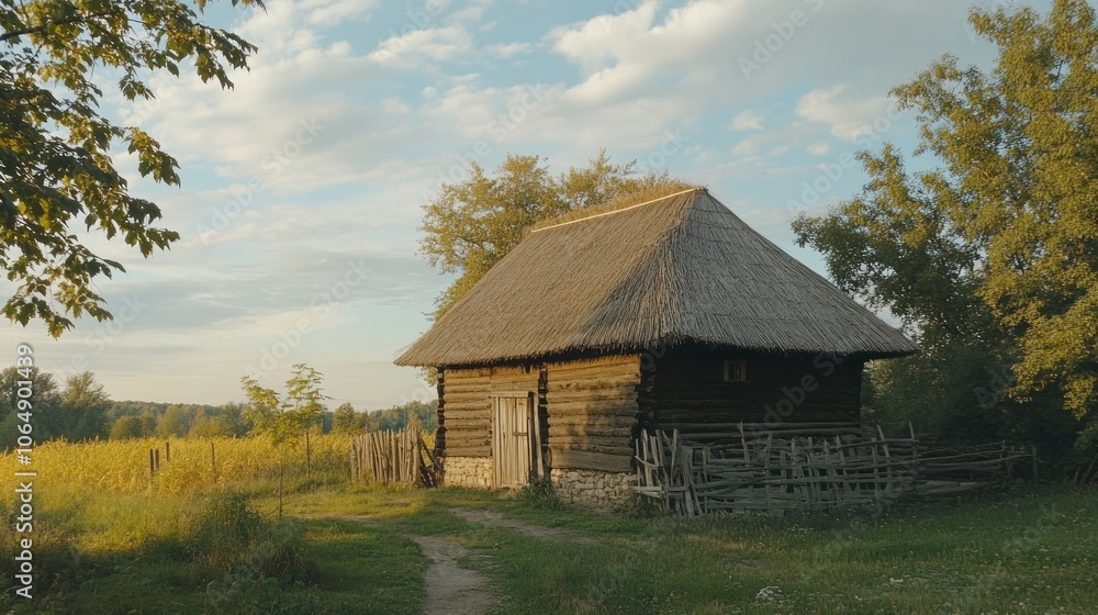 A rustic wooden house with a thatched roof amidst a serene landscape. A rustic wooden house with a thatched roof amidst a serene landscape.