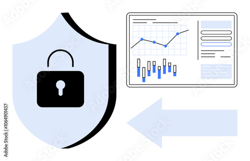 Shield with padlock symbol beside data analytics dashboard and arrow pointing right. Ideal for data protection, cybersecurity, analytics, business strategy, technology solutions, information