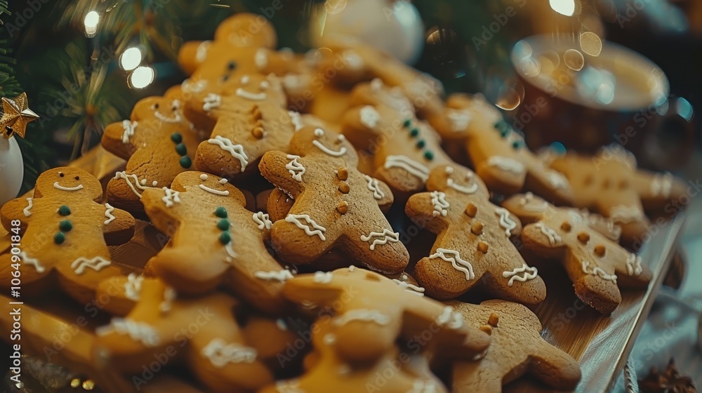 Gingerbread men cookies on wooden tray with hot chocolate and blurred christmas lights background Gingerbread men cookies on wooden tray with hot chocolate and blurred christmas lights background