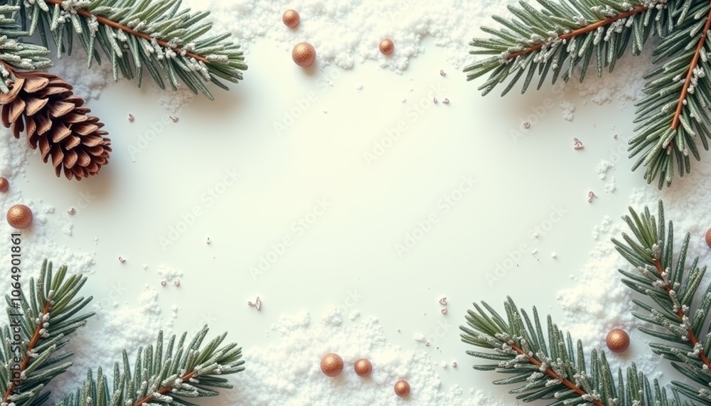 Christmas background with fir tree branches, cones, and decorative beads on snow, copy space Christmas background with fir tree branches, cones, and decorative beads on snow, copy space