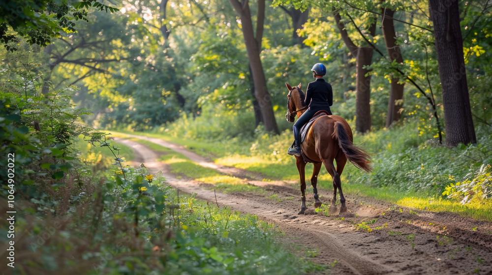 A rider on horseback trotting along a sunlit dirt path surrounded by lush greenery in a serene forest setting A rider on horseback trotting along a sunlit dirt path surrounded by lush greenery in a serene forest setting