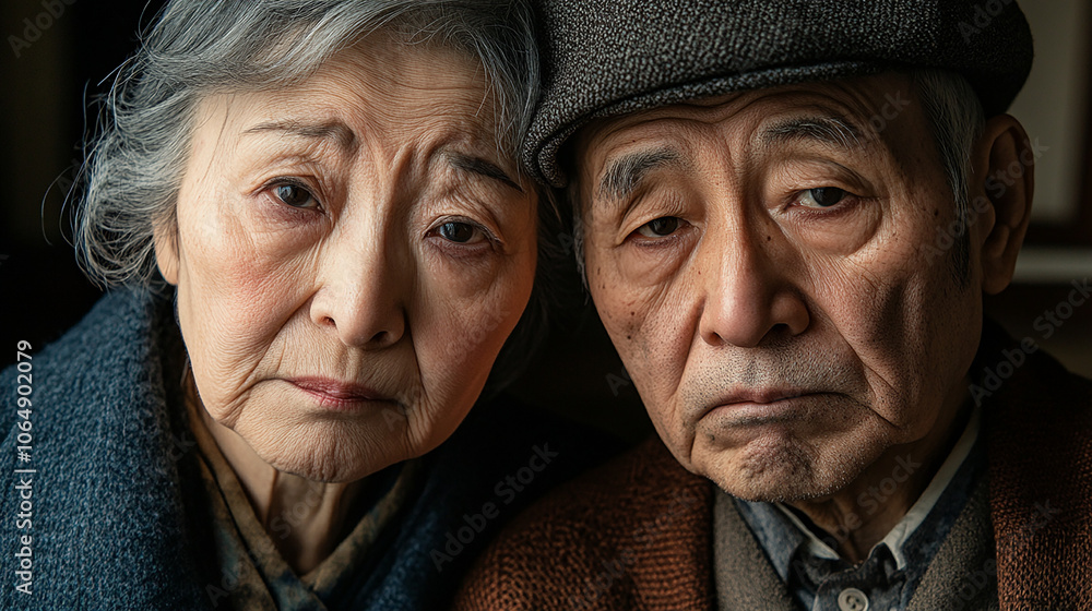 Japanese senior couple with sorrowful expressions Japanese senior couple with sorrowful expressions