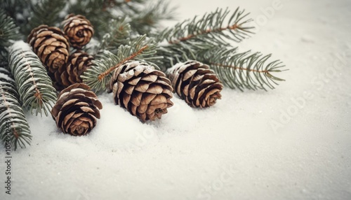 Christmas background with fir tree branches and cones, serene mood, snowy setting, natural style