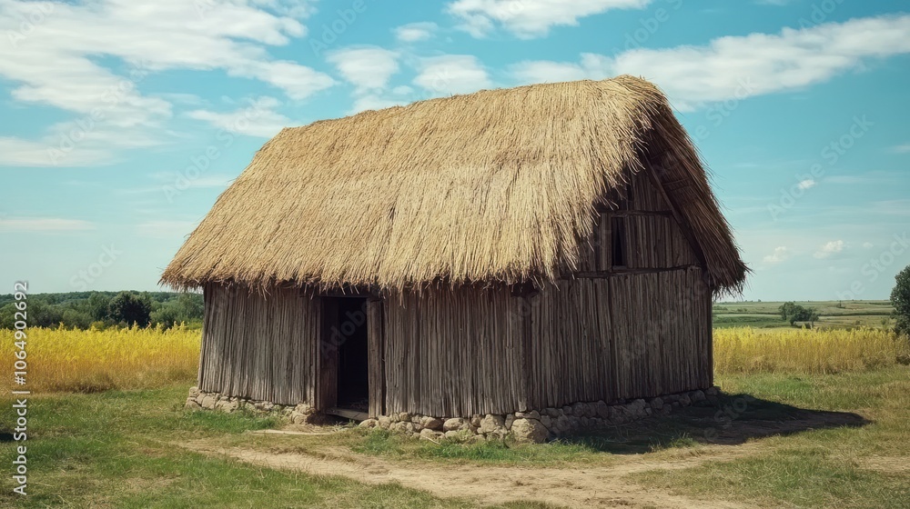 A rustic thatched-roof house set in a green landscape under a blue sky. A rustic thatched-roof house set in a green landscape under a blue sky.