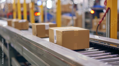 Boxes being loaded onto a conveyor belt in a busy warehouse, showcasing efficient handling and logistical operations during the day